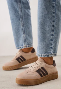 Beżowe Skórzane Sneakersy w Stylu Tenisówek z Geometrycznym Wzorem Halossea