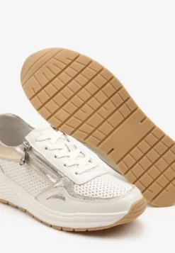 Beżowe Skórzane Sneakersy z Ozdobną Perforacją i Suwakiem Amiriella