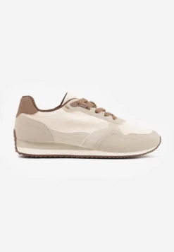 Beżowe Sneakersy Basic z Imitacji Zamszu Ozdobione Przeszyciami Nethe