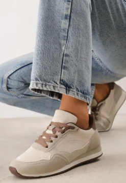 Beżowe Sneakersy Basic z Imitacji Zamszu Ozdobione Przeszyciami Nethe