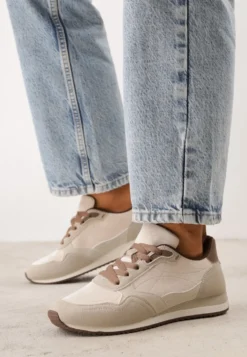 Beżowe Sneakersy Basic z Imitacji Zamszu Ozdobione Przeszyciami Nethe