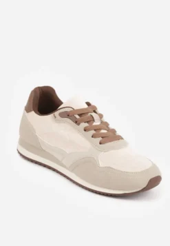 Beżowe Sneakersy Basic z Imitacji Zamszu Ozdobione Przeszyciami Nethe