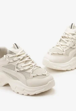 Beżowe Sneakersy na Grubej Nieregularnej Podeszwie z Odblaskowymi Wstawkami Ollavia