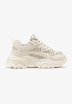 Beżowe Sneakersy na Grubej Nieregularnej Podeszwie z Odblaskowymi Wstawkami Ollavia