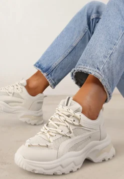 Beżowe Sneakersy na Grubej Nieregularnej Podeszwie z Odblaskowymi Wstawkami Ollavia
