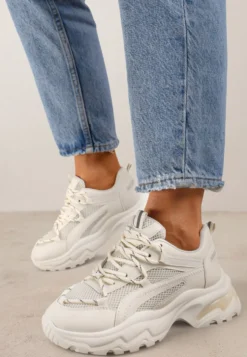 Beżowe Sneakersy na Grubej Nieregularnej Podeszwie z Odblaskowymi Wstawkami Ollavia