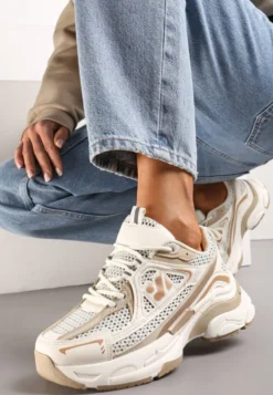 Beżowe Sneakersy na Grubej Podeszwie Ozdobione Siateczkowymi Wstawkami Korianna