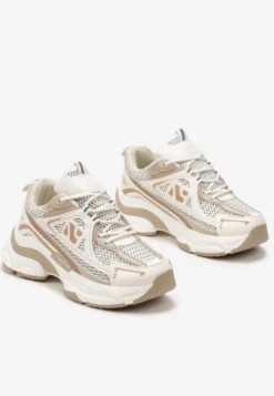 Beżowe Sneakersy na Grubej Podeszwie Ozdobione Siateczkowymi Wstawkami Korianna