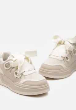 Beżowe Sneakersy na Grubej Podeszwie z Ozdobnymi Sznurówkami Zeldema