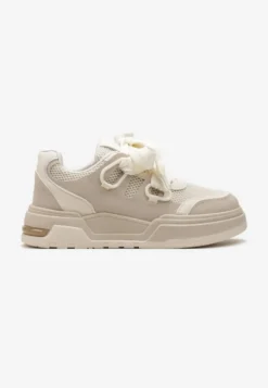 Beżowe Sneakersy na Grubej Podeszwie z Ozdobnymi Sznurówkami Zeldema