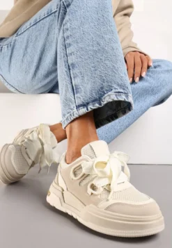 Beżowe Sneakersy na Grubej Podeszwie z Ozdobnymi Sznurówkami Zeldema
