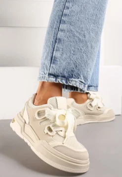 Beżowe Sneakersy na Grubej Podeszwie z Ozdobnymi Sznurówkami Zeldema