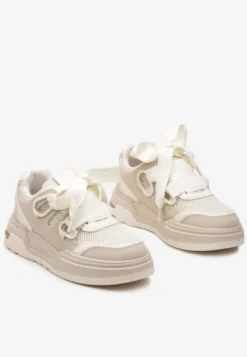 Beżowe Sneakersy na Grubej Podeszwie z Ozdobnymi Sznurówkami Zeldema