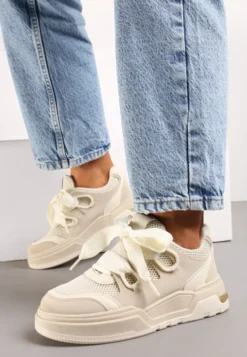 Beżowe Sneakersy na Grubej Podeszwie z Ozdobnymi Sznurówkami Zeldema
