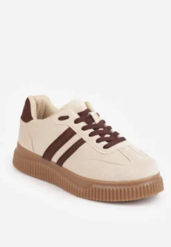 Beżowe Sneakersy na Kauczukowej Tłoczonej Platformie Ozdobione Paskami Naifeh