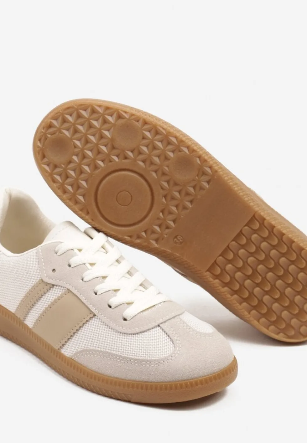 Beżowe Sneakersy na Kauczukowej Podeszwie Ozdobione Paskami Emidi