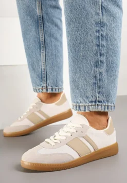 Beżowe Sneakersy na Kauczukowej Podeszwie Ozdobione Paskami Emidi
