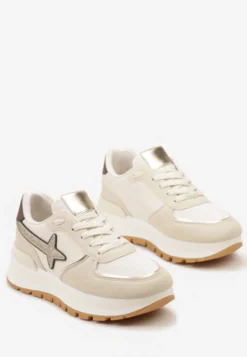Beżowe Sneakersy na Niskiej Platformie z Ozdobnymi Wstawkami na Cholewce Suno