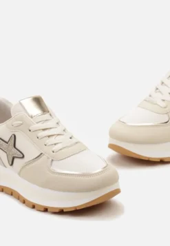 Beżowe Sneakersy na Niskiej Platformie z Ozdobnymi Wstawkami na Cholewce Suno