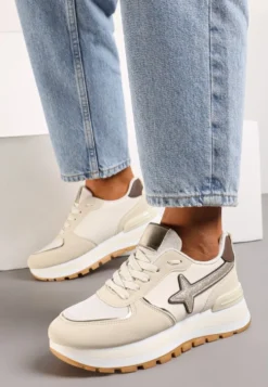 Beżowe Sneakersy na Niskiej Platformie z Ozdobnymi Wstawkami na Cholewce Suno