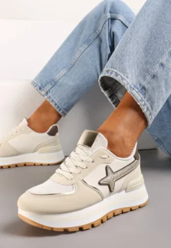 Beżowe Sneakersy na Niskiej Platformie z Ozdobnymi Wstawkami na Cholewce Suno