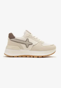 Beżowe Sneakersy na Niskiej Platformie z Ozdobnymi Wstawkami na Cholewce Suno