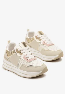 Beżowe Sneakersy na Niskiej Platformie ze Wstawkami z Brokatu Quinnes