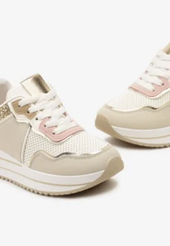 Beżowe Sneakersy na Niskiej Platformie ze Wstawkami z Brokatu Quinnes