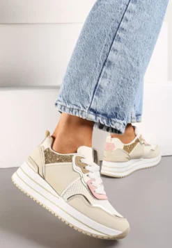 Beżowe Sneakersy na Niskiej Platformie ze Wstawkami z Brokatu Quinnes