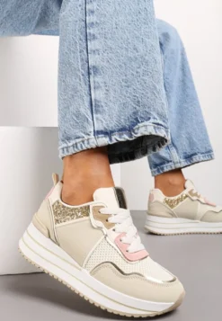 Beżowe Sneakersy na Niskiej Platformie ze Wstawkami z Brokatu Quinnes