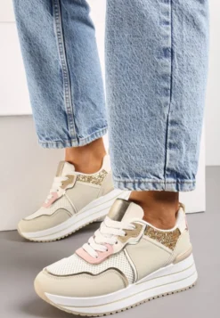 Beżowe Sneakersy na Niskiej Platformie ze Wstawkami z Brokatu Quinnes