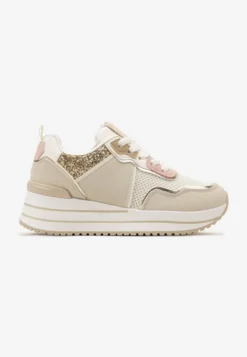Beżowe Sneakersy na Niskiej Platformie ze Wstawkami z Brokatu Quinnes
