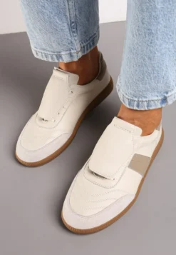 Beżowe Sneakersy na Płaskiej Podeszwie ze Skóry Wykończone Zamszową Wstawką Milirae