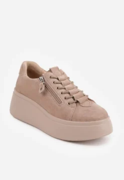 Beżowe Sneakersy na Platformie z Zamszu Naturalnego z Suwakiem z Boku Nisoe