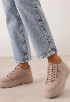 Beżowe Sneakersy na Platformie z Zamszu Naturalnego z Suwakiem z Boku Nisoe