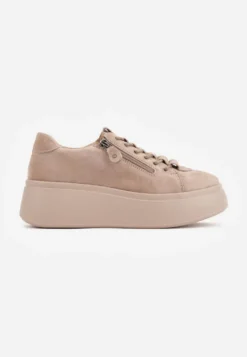 Beżowe Sneakersy na Platformie z Zamszu Naturalnego z Suwakiem z Boku Nisoe