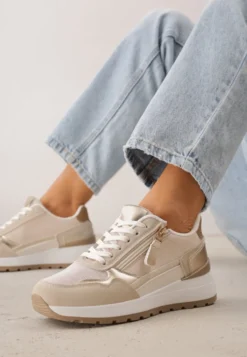 Beżowe Sneakersy na Platformie z Metalicznymi Zdobieniami i Suwakiem Rasesine