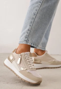 Beżowe Sneakersy na Platformie z Metalicznymi Zdobieniami i Suwakiem Rasesine