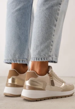 Beżowe Sneakersy na Platformie z Metalicznymi Zdobieniami i Suwakiem Rasesine