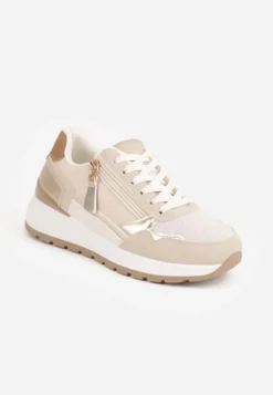 Beżowe Sneakersy na Platformie z Metalicznymi Zdobieniami i Suwakiem Rasesine