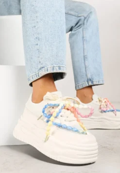 Beżowe Sneakersy na Platformie z Koralikami Amovanna