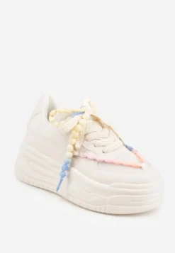 Beżowe Sneakersy na Platformie z Koralikami Amovanna