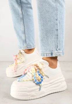 Beżowe Sneakersy na Platformie z Koralikami Amovanna