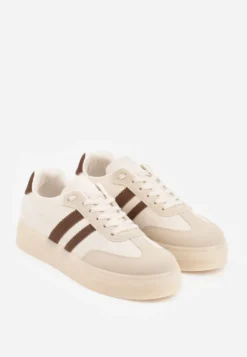 Beżowe Sneakersy na Platformie w Stylu Tenisówek Ozdobione Paskami Ladia