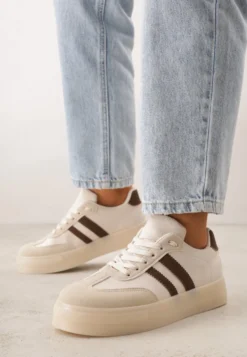Beżowe Sneakersy na Platformie w Stylu Tenisówek Ozdobione Paskami Ladia