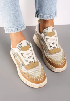 Beżowe Sneakersy na Platformie Wykończone Przeszyciami Terionna