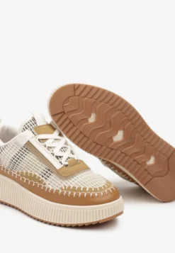 Beżowe Sneakersy na Platformie Wykończone Przeszyciami Terionna