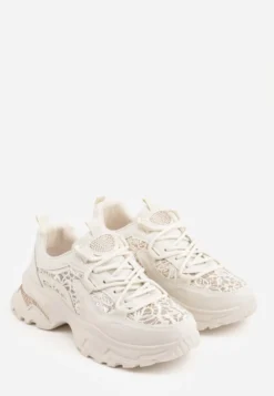 Beżowe Sneakersy na Platformie Ozdobione Cyrkoniami i Koronką Antea