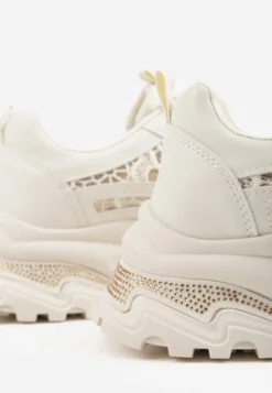 Beżowe Sneakersy na Platformie Ozdobione Cyrkoniami i Koronką Antea