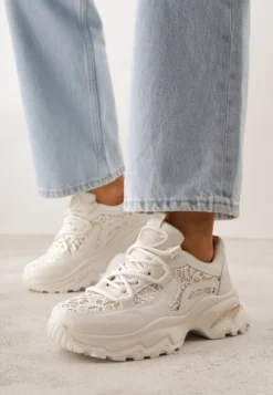 Beżowe Sneakersy na Platformie Ozdobione Cyrkoniami i Koronką Antea